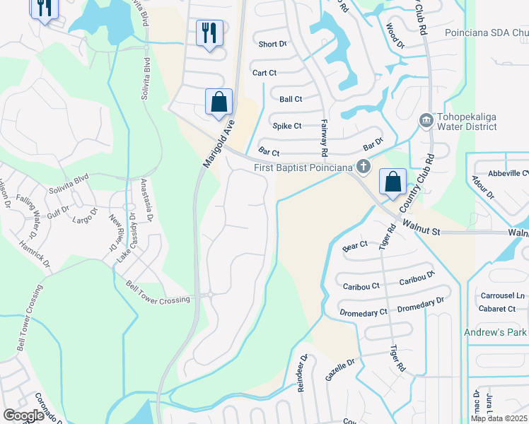map of restaurants, bars, coffee shops, grocery stores, and more near 440 Grand Canal Drive in Kissimmee