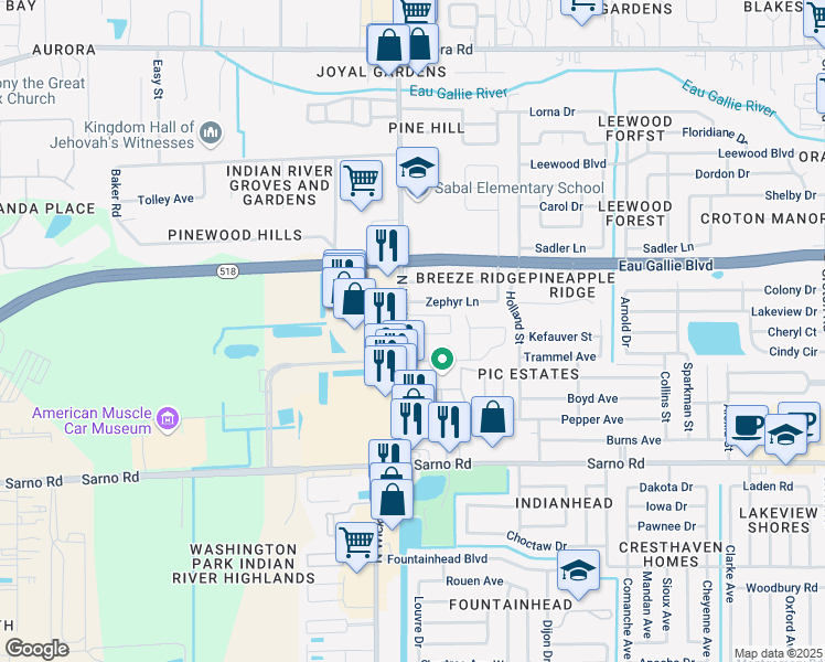 map of restaurants, bars, coffee shops, grocery stores, and more near 1225 Whispering Way in Melbourne