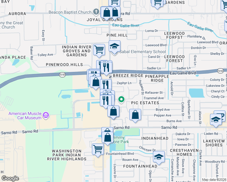 map of restaurants, bars, coffee shops, grocery stores, and more near 1225 Whispering Way in Melbourne