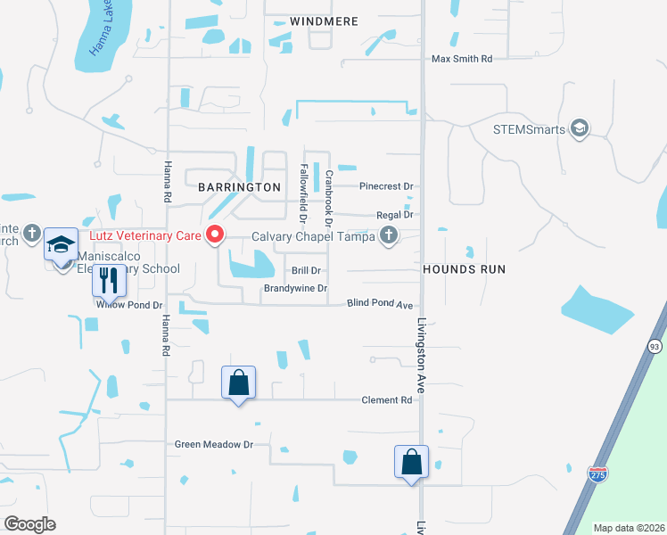map of restaurants, bars, coffee shops, grocery stores, and more near 17603 Cranbrook Drive in Lutz