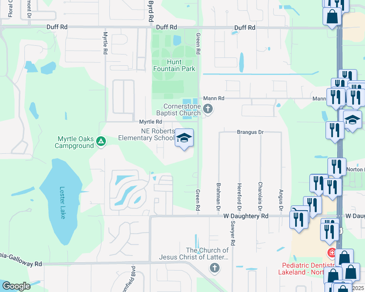 map of restaurants, bars, coffee shops, grocery stores, and more near 6600 Green Road in Lakeland
