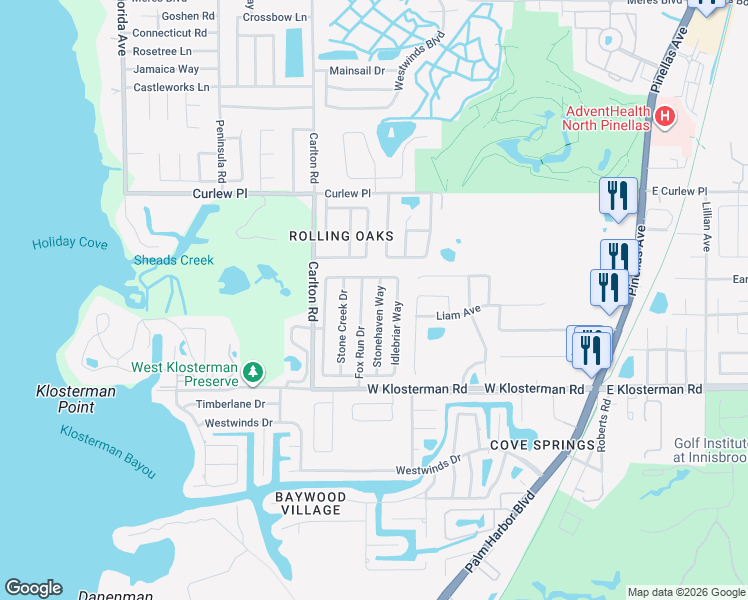 map of restaurants, bars, coffee shops, grocery stores, and more near 1410 Stonehaven Way in Tarpon Springs