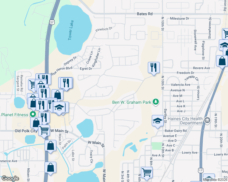 map of restaurants, bars, coffee shops, grocery stores, and more near 2231 Mallory Circle in Haines City