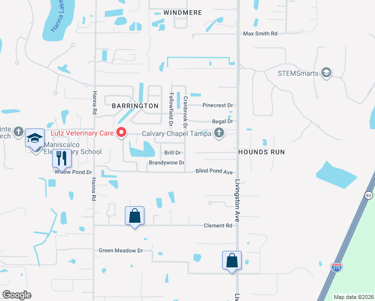 map of restaurants, bars, coffee shops, grocery stores, and more near 17603 Cranbrook Drive in Lutz