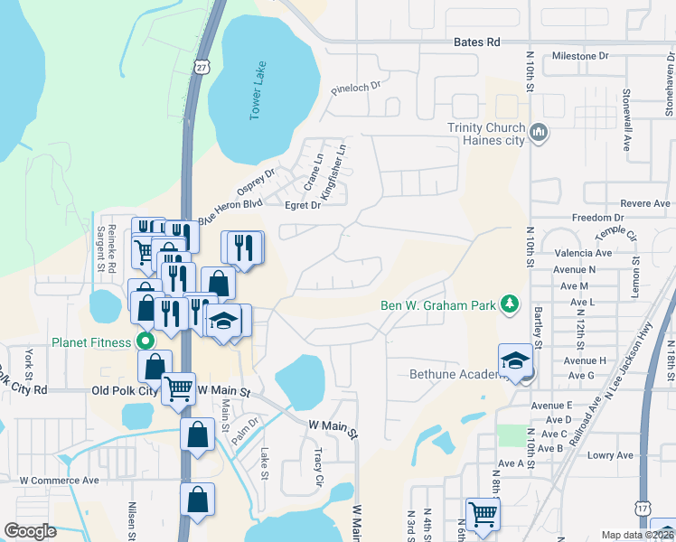 map of restaurants, bars, coffee shops, grocery stores, and more near 2057 Hemingway Avenue in Haines City