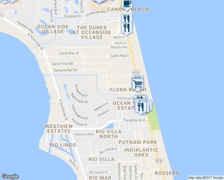map of restaurants, bars, coffee shops, grocery stores, and more near 243 Peregrine Drive in Indialantic