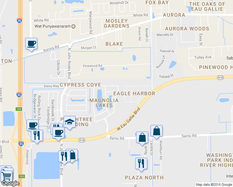 map of restaurants, bars, coffee shops, grocery stores, and more near 4601 Radford Lane in Melbourne