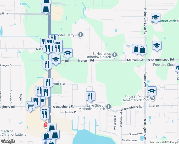 map of restaurants, bars, coffee shops, grocery stores, and more near 6543 Tula Lane in Lakeland