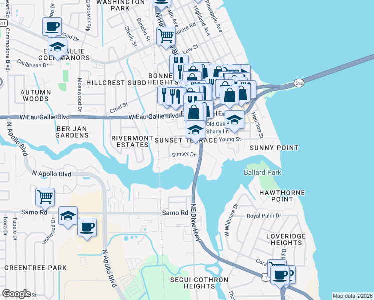 map of restaurants, bars, coffee shops, grocery stores, and more near 1201 West Azalea Court in Melbourne