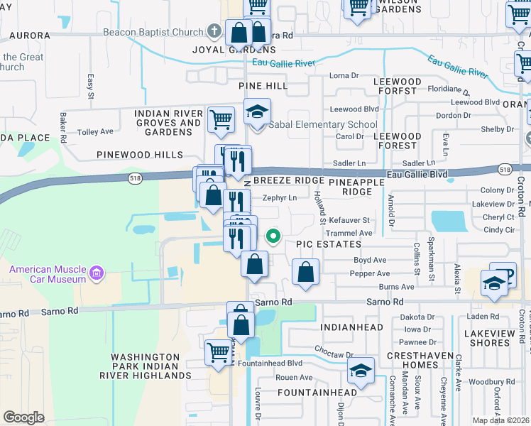 map of restaurants, bars, coffee shops, grocery stores, and more near 1225 North Wickham Road in Melbourne