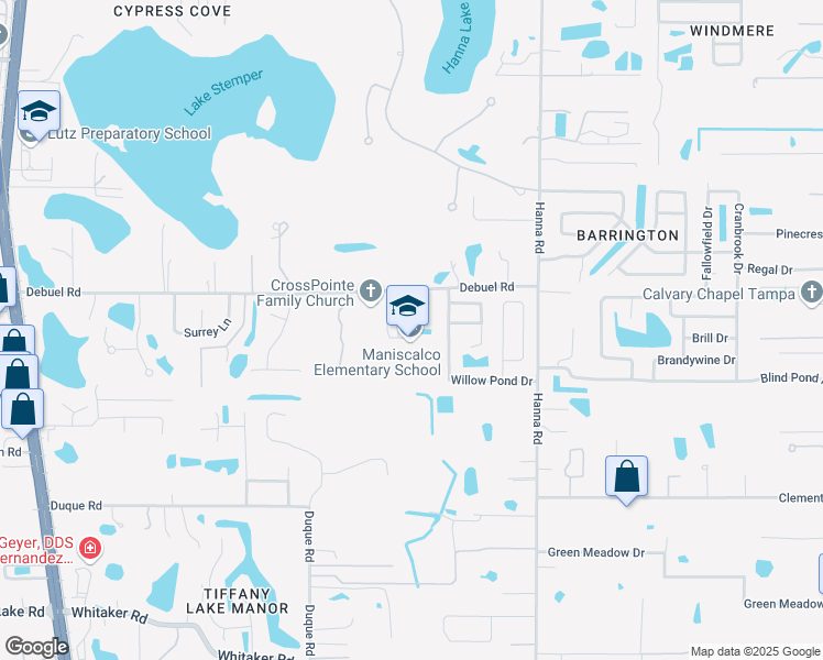map of restaurants, bars, coffee shops, grocery stores, and more near 939 Debuel Road in Lutz