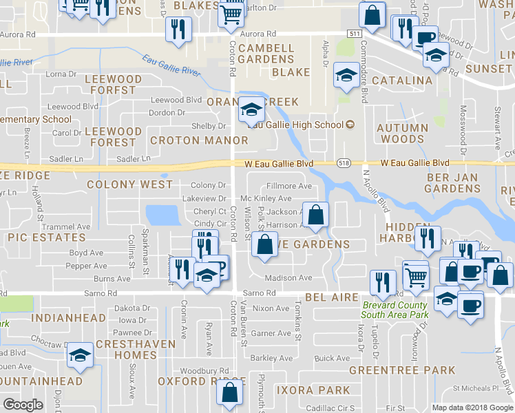 map of restaurants, bars, coffee shops, grocery stores, and more near 1196 Polk Street in Melbourne