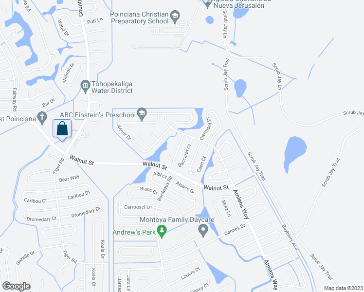 map of restaurants, bars, coffee shops, grocery stores, and more near 332 Baccarat Court in Kissimmee