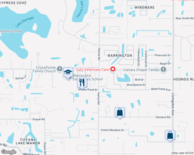 map of restaurants, bars, coffee shops, grocery stores, and more near 17610 Shadyside Circle in Lutz
