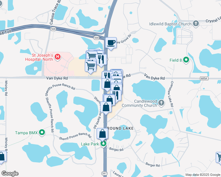 map of restaurants, bars, coffee shops, grocery stores, and more near 17751 North Dale Mabry Highway in Lutz