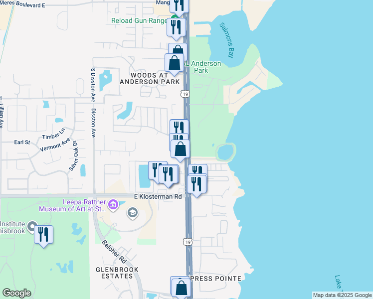 map of restaurants, bars, coffee shops, grocery stores, and more near 38954 US Highway 19 North in Tarpon Springs