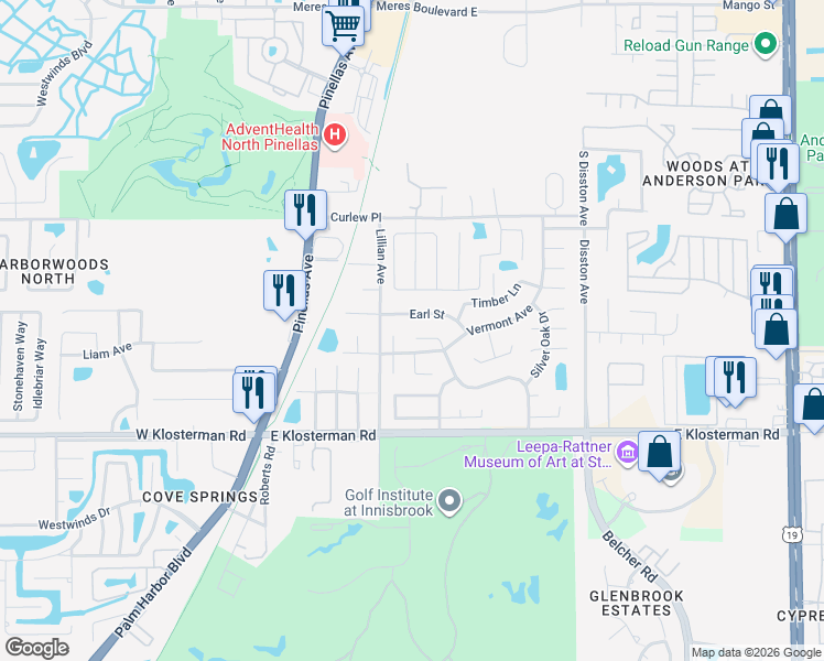 map of restaurants, bars, coffee shops, grocery stores, and more near 1387 Red Oak Drive in Tarpon Springs