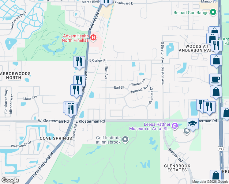 map of restaurants, bars, coffee shops, grocery stores, and more near 1387 Red Oak Drive in Tarpon Springs