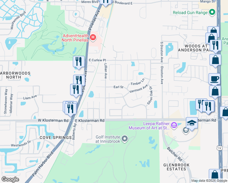 map of restaurants, bars, coffee shops, grocery stores, and more near 1387 Red Oak Drive in Tarpon Springs