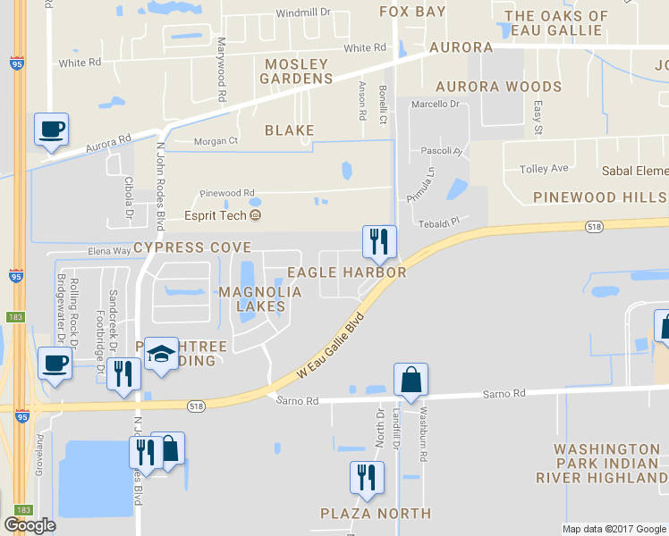map of restaurants, bars, coffee shops, grocery stores, and more near 1282 United Dr in Melbourne