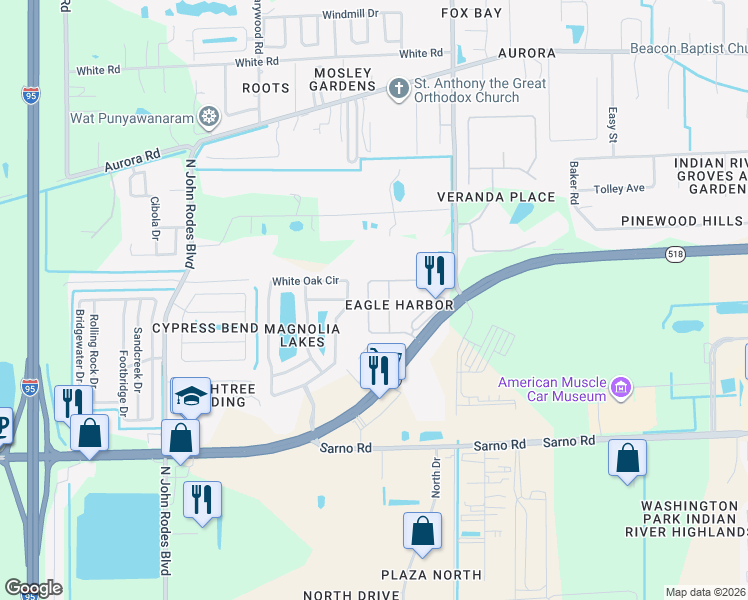 map of restaurants, bars, coffee shops, grocery stores, and more near 1282 United Drive in Melbourne