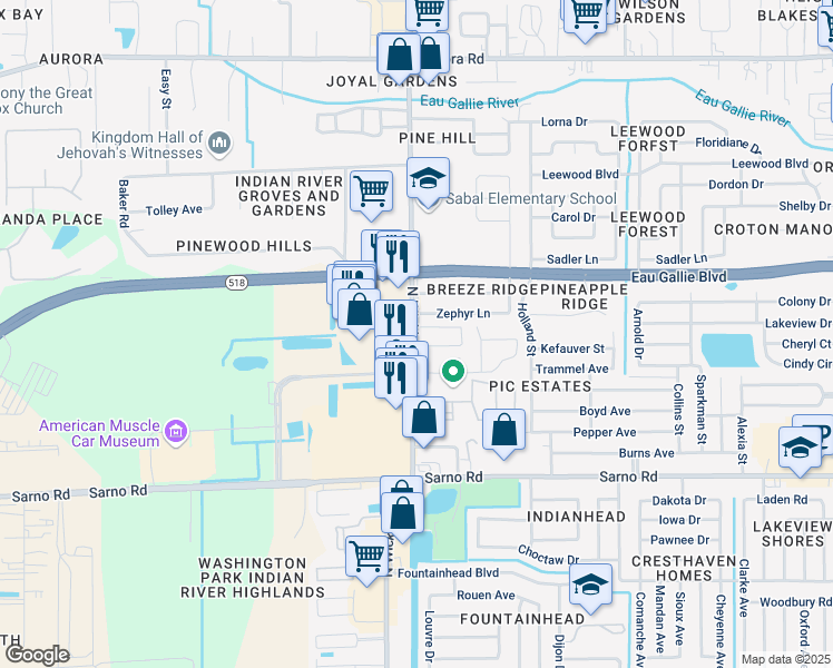 map of restaurants, bars, coffee shops, grocery stores, and more near 1225 Whispering Way in Melbourne