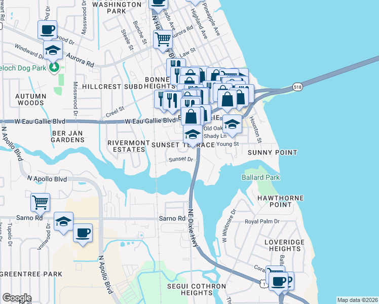 map of restaurants, bars, coffee shops, grocery stores, and more near 1201 West Azalea Court in Melbourne