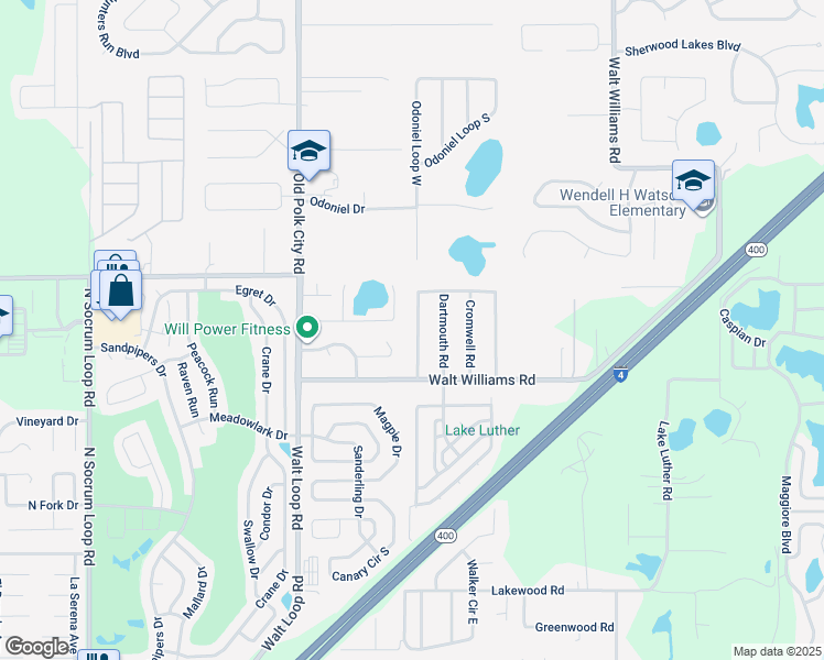 map of restaurants, bars, coffee shops, grocery stores, and more near 6516 Dorchester Road in Lakeland