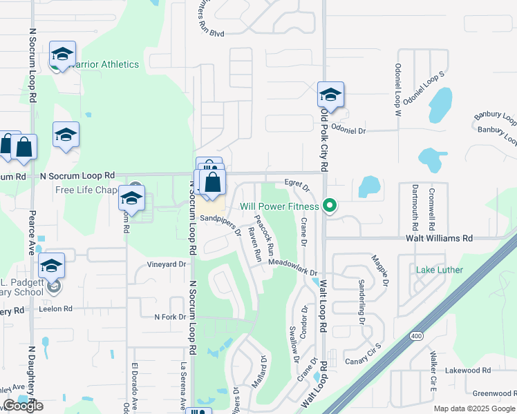 map of restaurants, bars, coffee shops, grocery stores, and more near 6253 Peacock Run in Lakeland