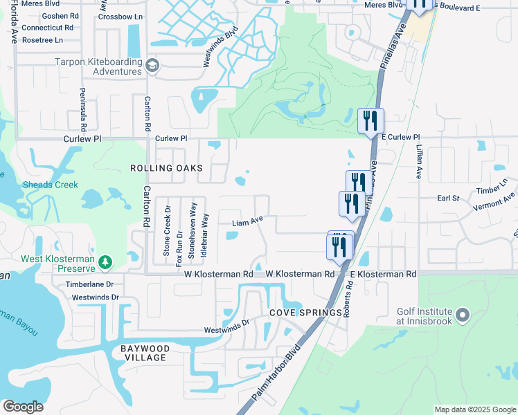 map of restaurants, bars, coffee shops, grocery stores, and more near 408 Denise Street in Tarpon Springs