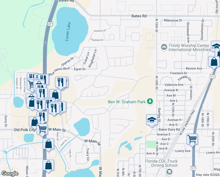 map of restaurants, bars, coffee shops, grocery stores, and more near 2231 Mallory Circle in Haines City