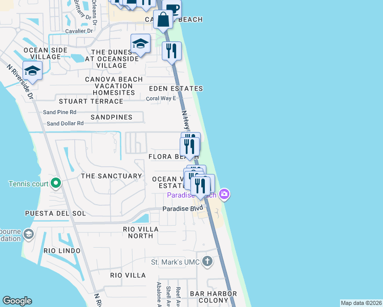map of restaurants, bars, coffee shops, grocery stores, and more near 2530 North Highway A1A in Indialantic