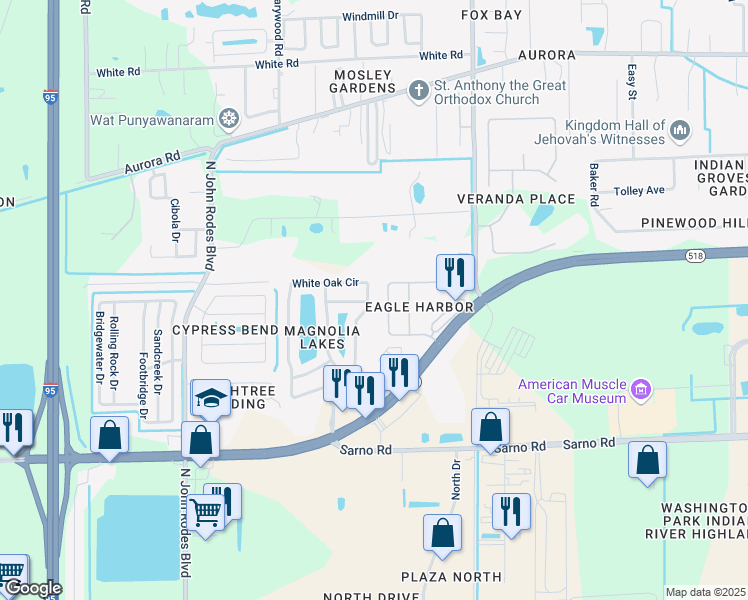 map of restaurants, bars, coffee shops, grocery stores, and more near 1159 White Oak Circle in Melbourne