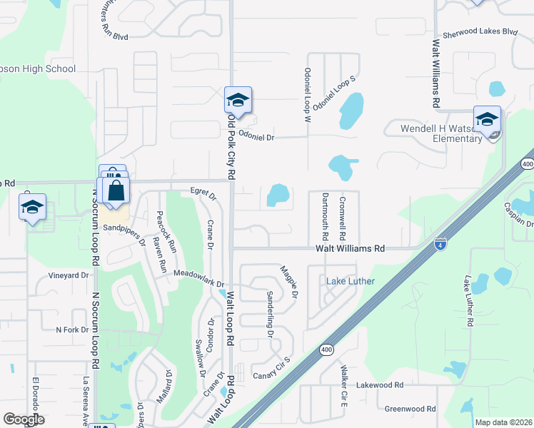 map of restaurants, bars, coffee shops, grocery stores, and more near 1009 Hidden Drive in Lakeland