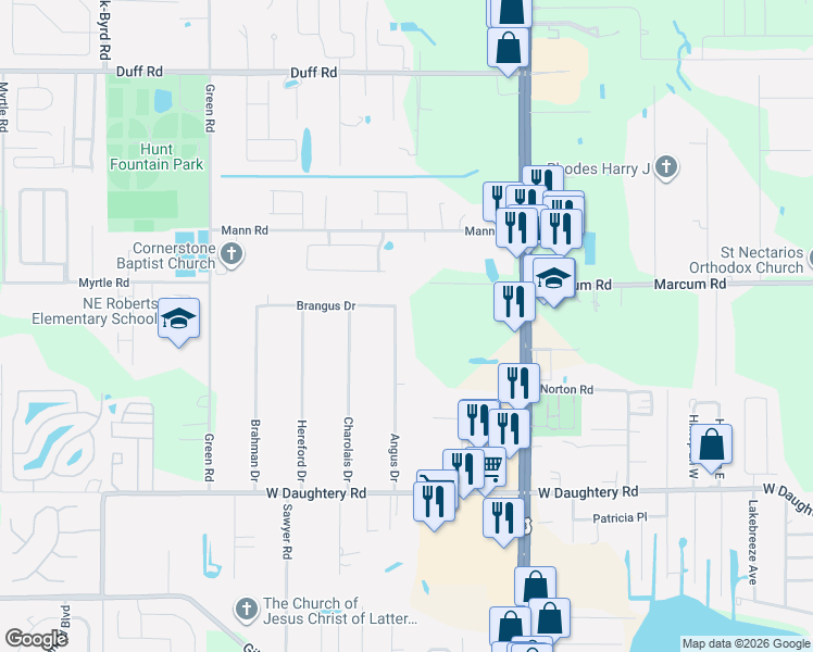 map of restaurants, bars, coffee shops, grocery stores, and more near 6533 Angus Drive in Lakeland