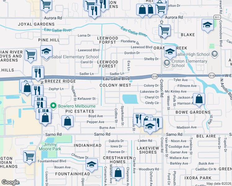 map of restaurants, bars, coffee shops, grocery stores, and more near 2395 Lakeview Drive in Melbourne