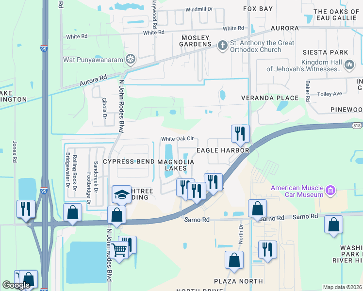map of restaurants, bars, coffee shops, grocery stores, and more near 4616 Radford Lane in Melbourne