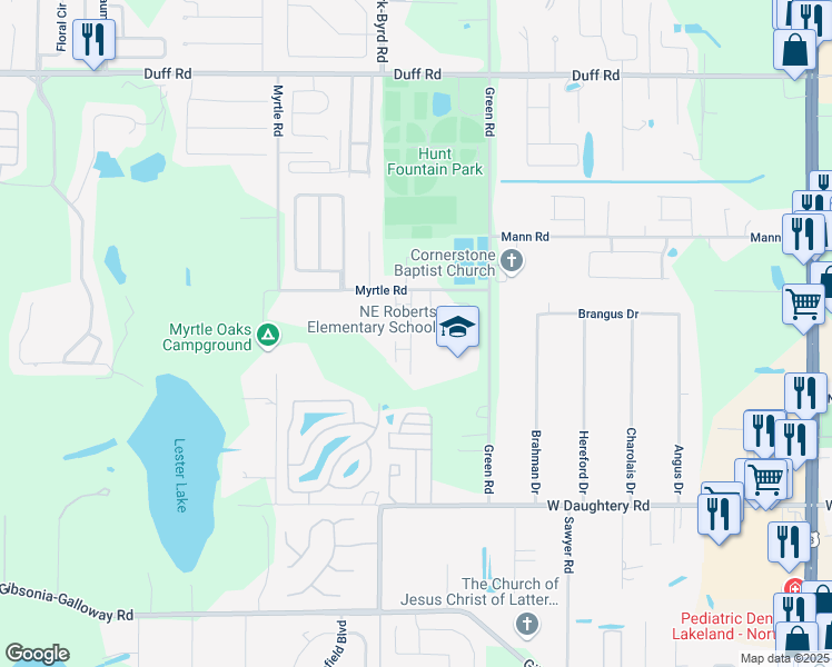 map of restaurants, bars, coffee shops, grocery stores, and more near 6445 Myrtlewood Drive in Lakeland
