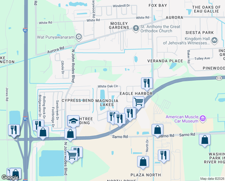 map of restaurants, bars, coffee shops, grocery stores, and more near 4616 Radford Lane in Melbourne