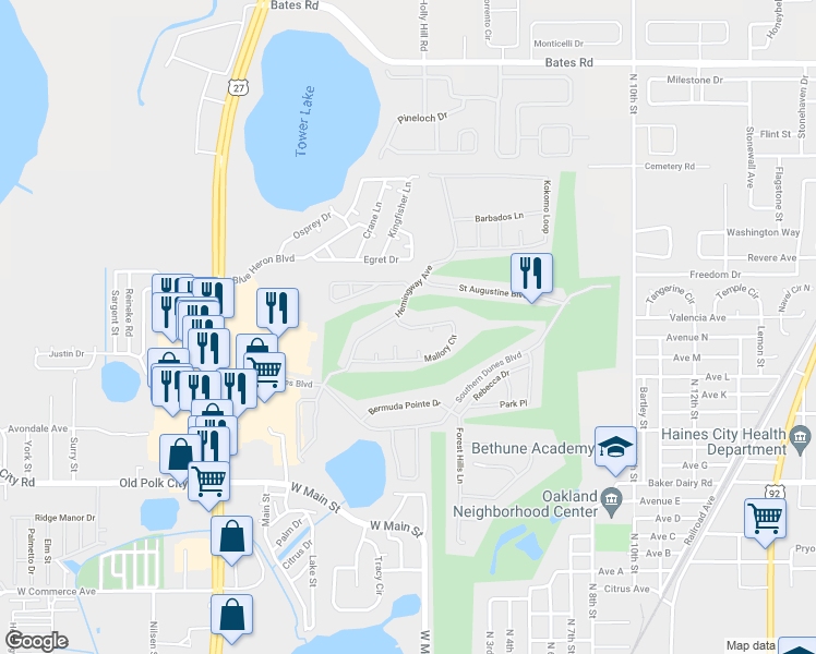 map of restaurants, bars, coffee shops, grocery stores, and more near Mallory Circle in Haines City
