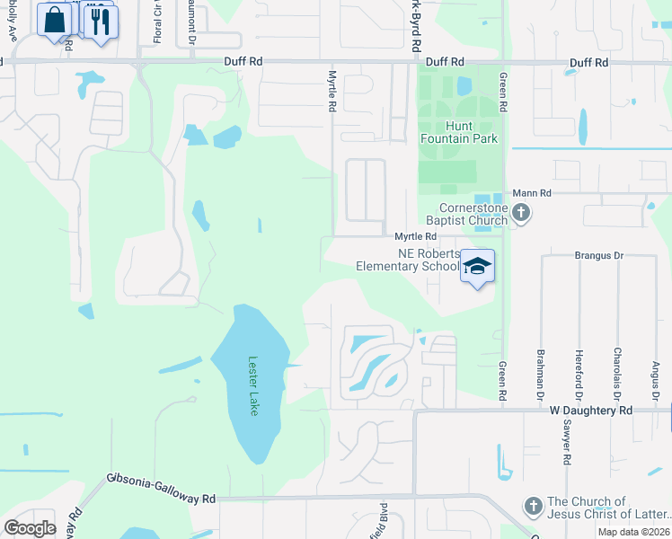 map of restaurants, bars, coffee shops, grocery stores, and more near 2250 Myrtle Road in Lakeland