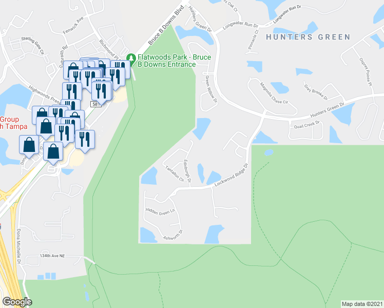 map of restaurants, bars, coffee shops, grocery stores, and more near 17521 Edinburgh Drive in Tampa