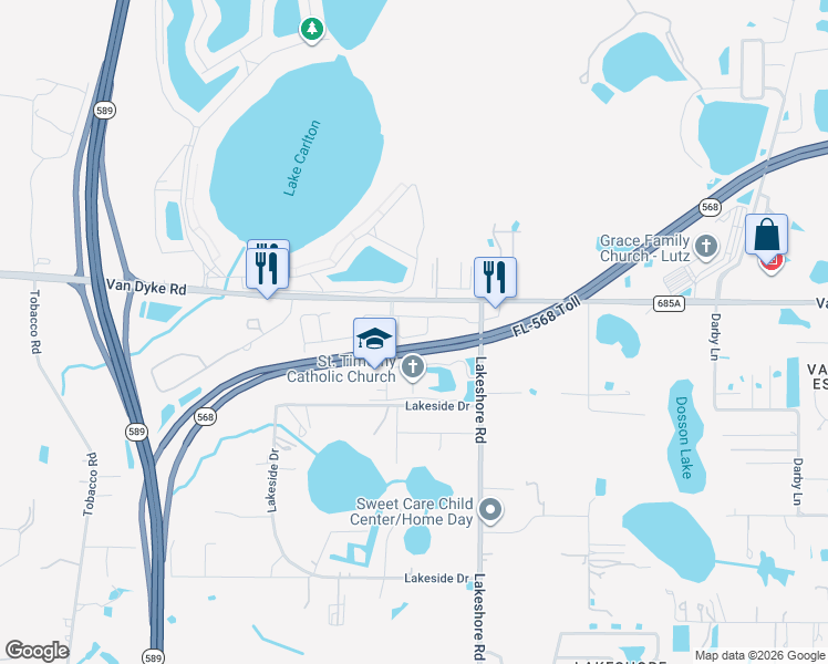 map of restaurants, bars, coffee shops, grocery stores, and more near 17621 Ledger Line Lane in Lutz
