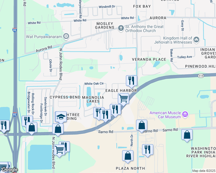 map of restaurants, bars, coffee shops, grocery stores, and more near 1159 White Oak Circle in Melbourne