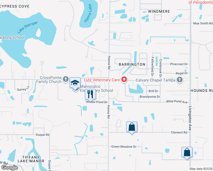 map of restaurants, bars, coffee shops, grocery stores, and more near 17610 Shadyside Circle in Lutz