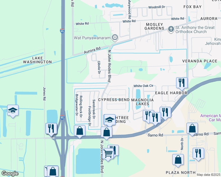 map of restaurants, bars, coffee shops, grocery stores, and more near 1330 Cypress Bend Circle in Melbourne
