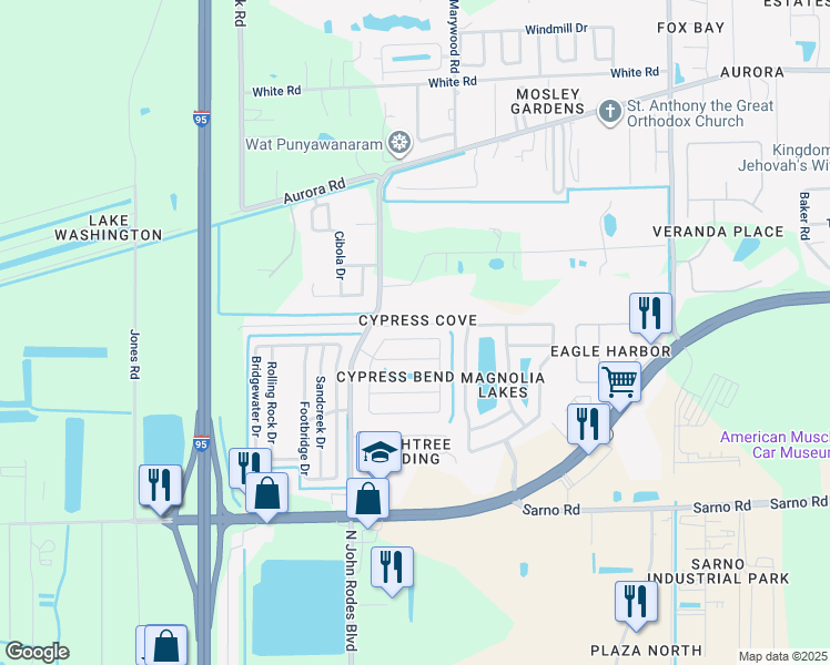 map of restaurants, bars, coffee shops, grocery stores, and more near 1314 Cypress Bend Circle in Melbourne
