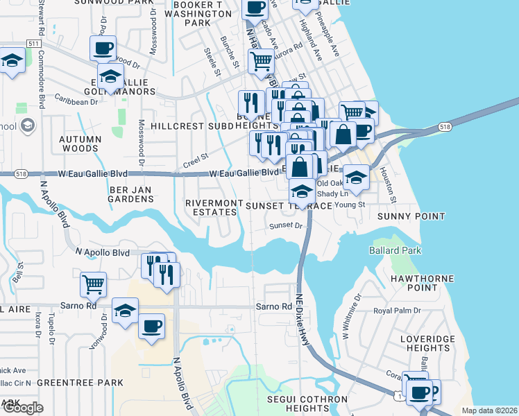 map of restaurants, bars, coffee shops, grocery stores, and more near 1001 Eau Gallie Boulevard in Melbourne
