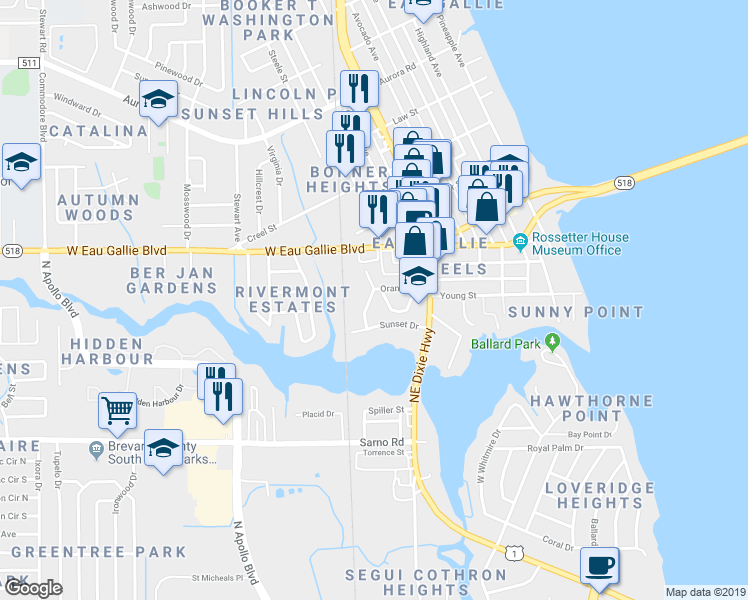 map of restaurants, bars, coffee shops, grocery stores, and more near 1229 Jasmine Street in Melbourne