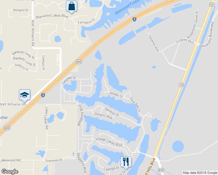 map of restaurants, bars, coffee shops, grocery stores, and more near 2330 Sebago Drive in Lakeland